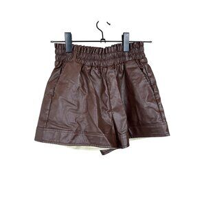 Brown Faux Leather High-Waisted Shorts With‎ Elastic Waistband & Pockets
